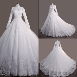 Vestidos de noiva de vestido de baile vintage com mangas compridas altas miçangas de miçangas de miçangas tule tulle personalizada aplique de renda vestido de novia