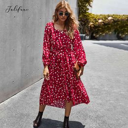 Autumn Winter Elegant Long Dress Woman Square Neck Floral Ruffle Red Long Sleeve Sashes Fitted Dresses Trendy Clothes For Women 210415