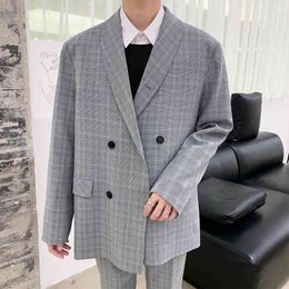 Men's Streetwear Lattice Printing Two Single Western Coats High-quality Suit Jacket Casual Loose Blazers Plus Size M-XL 210524