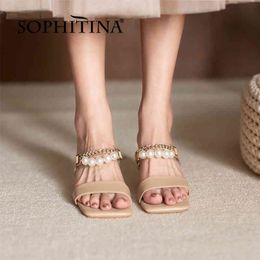 SOPHITINA Genuine Leather Summer Women Shoes Fashion Stylish Chain Strange Heel Square Toe Pearl Modern Sandals FO372 210513