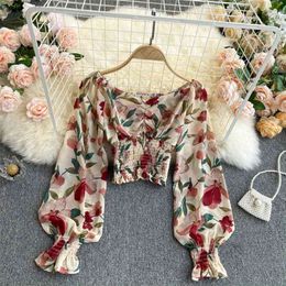 Korean Fashion Women V-neck Long Sleeve High Waist Printed Chiffon Shirt Short Tops Sexy Blusas Para Mujer Blouse R491 210527