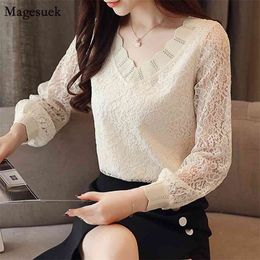 Fashion Lace Elegant Blouse Women Autumn V-Neck Floral Long Sleeve Top Casual Korean Shirts Blusas De Mujer 5958 50 210512