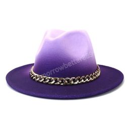 2022 Women Spray Paint Gradient Wool Felt Fedora Hats with Gold Chain Wide Brim Unisex Party Party Vintage Jazz Cap