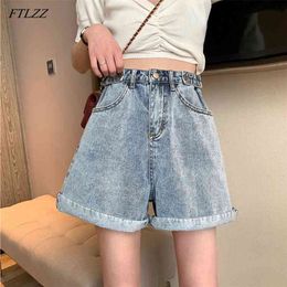 Vintage Women Blue Denim Shorts Summer High Waist Solid Colour Female Wide Leg Loose Fit Jeans Black Ladies 210430