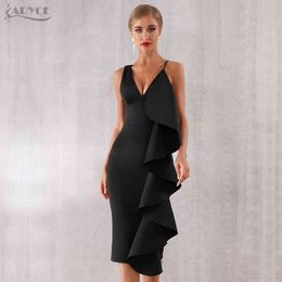 Women Spaghetti Strip Celebrity Evening Runway Party Dress Vestidos Sexy Sleeveless Ruffles Bodycon Club 210423