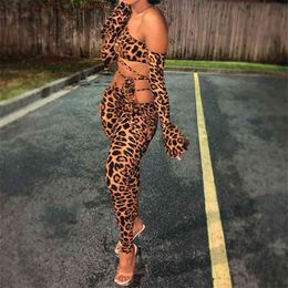 Sexy Leopard Print Hollow Out Skinny Suits Oblique Shoulder Flared Sleeves Crop Top And Full Pants Personalized Lace Up Outfits 210517