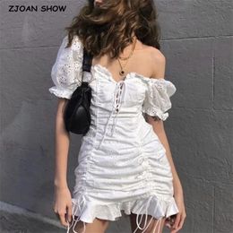 Sexy Embroidery Hole Flower Adjust Ruched Dress Summer Fashion Lacing up Wood ears Off Shoulder Short Sleeve Women Party 210429