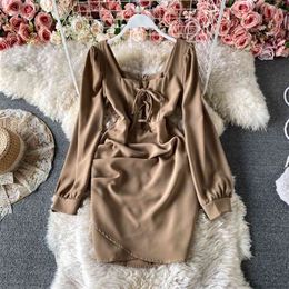 Spring Fashion French Retro Vestidos Female Slim Square Collar Bag Hip Temperament Mini Dress GK439 210506