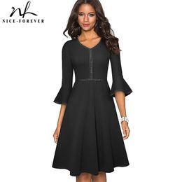 Nice-forever Autumn Elegant Pure Colour with Flared Sleeve Dresses Cocktail Party Women Swing A-line Dress A221 210331