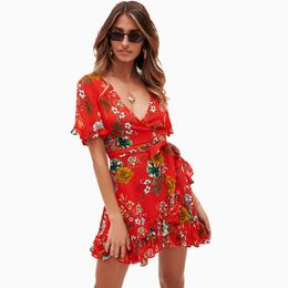 LEVIORTIN Red Boho Short Dress Women Sexy V-Neck Ruffle Beach Summer Floral Mini Sundress 81953 210527