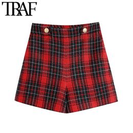 TRAF Women Chic Fashion Decorative Metal Buttons Cheque Shorts Vintage High Waist Back Zipper Female Short Pants Mujer 210415