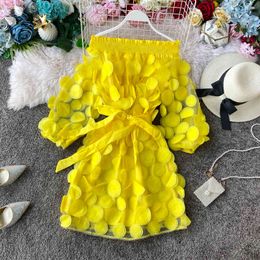 Sexy Off Shoulder Slash Neck Circular Appliques Women Mesh Fashion Lantern Sleeve Double Layers Belt Summer Straight Dress 210416