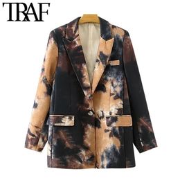 TRAF Women Fashion Single Button Graffiti Print Blazer Coat Vintage Long Sleeve Pockets Female Outerwear Chic Tops 211122