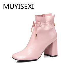 Dress Shoes Pink Boots Zipper 8cm Square High Heel Ankle Genuine Lleather Autumn For Women Black DUO02 MUYISEXI