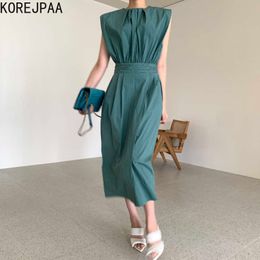 Korejpaa Women Dress Summer Korean Chic Elegant Temperament Light Cooked Style Round Neck Pleated Design Sleeveless Vestido 210526