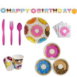 Disposable Dinnerware Donut Theme Birthday Party Decoration Kid Tableware Paper Plates Supplies Festa Baby Shower Decoracion Para Fiestas