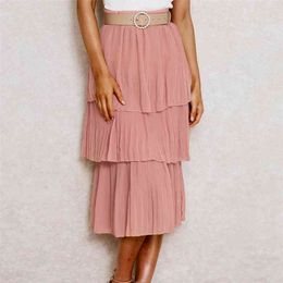 Beach skirts womens fashion chiffon stitching pleated female solid Colour Ruffles Mid-Calf long white lady 210508