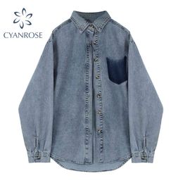 Oversized Denim Blouses Coat Women Lantern Long Sleeve Cardigan Chic Print Retro Cowboy Jacket Harajuku Streetwear BF Outer 210417