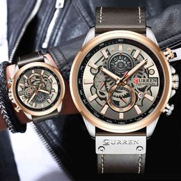 CURREN Fashion Chronograph Watch Men Leather Quartz Wristwatch Casual Sport Watches for Men Waterproof Clock Relogio Masculino 210517
