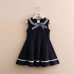 Summer Preppy Style 3 4 6 8 10 12 Years Children Sleeveless Bow Sailor Collar Navy Blue Kids Baby Girls Navy Military Dress 210701