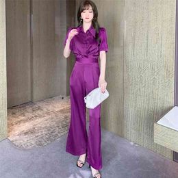 Two piece set summer Korean version purple waist short sleeve shirt wide leg suit pants Office Lady 210416