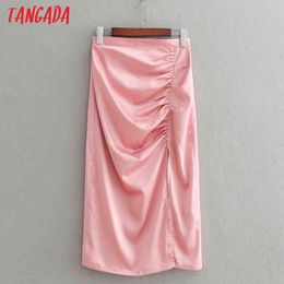 Women Pink Pleated Satin Midi Skirt Faldas Mujer Vintage Zipper Office Ladies Elegant Chic Mid Calf Skirts 3D31 210416