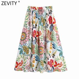 Zevity Women Vintage Totem Floral Print Pleats Casual A line Skirt Faldas Mujer Female Elastic Waist Lace Up Chic Vestido QUN796 210629