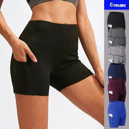 Running Shorts High Waist Women With Pocket Seamless Hip-up Tight Elastic Sport Push Up Fitness Yoga Gym Clothes