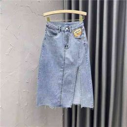 Arrival Summer Korean Style Women Split Design A-line High Waist Skirt All-matched Cotton Denim Mid-calf Skirts W288 210512