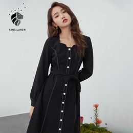 FANSILANEN Spring long sleeve black midi dress Women belt green vintage Female casual office button up shirt 210607