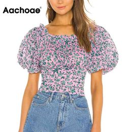 Women Chic Floral Print Cropped Blouses Summer Puff Short Sleeve Blouse Shirt Ladies Vintage Ruffles Tops Blusas 210413