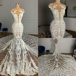 Sexy Sheer Neck Mermaid Wedding Gowns For Arabic 2021 Full Lace Plus Size Sweep Train Bridal Party Dresses Vestidos De Novia