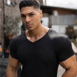 Running V Neck Short Sleeve T shirt Men Knitted Gym T-shirt Slim Fit Sports Tee Shirt Male Bodybuilding Fitness Workout Clothing 210707