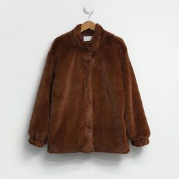 Women Brown Blue Faux Fur Coat Outwear Button Warm Thick Stand Collar Pocket Solid C0374 210514