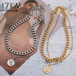 17KM Vintage Multi-layer Coin Chains Choker Necklace For Women Gold Silver Colour Fashion Portrait Chunky Chain Necklaces Jewellery