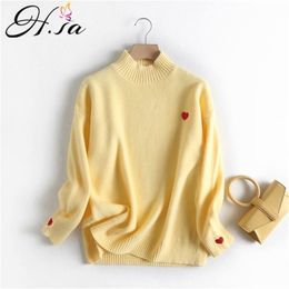 Women Autumn Winter Pullover Cute Knit Jumpers Turtleneck Femme Heart Embroidery Sueter Mujer Sweater 210430