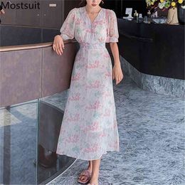 Summer Printed V-neck Women Long Dress Short Sleeve Lace-up Sweet Dresses Elegant Fashion Korean Ladies Vestidos Femme 210513