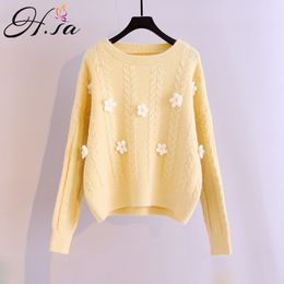 H.SA Women Flower Pull Oneck Long Sleeve Casaul Pullover Sweaters Japaniese Style Cute Outwear Knit Loose Floral Jumper 210417