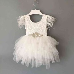 Princess baby feather dress 1st birthday party toddler girls lace flying sleeve summer dress kids tutu clothing with sashes G1129