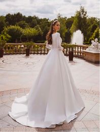 Elegant Satin Wedding Dresses Long Sleeve Lace Bride Gown Muslim Wedding Gown Covered Back Vestido de novia 2021294S