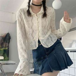 Lace Hollow Out Shirts Women Summer Vintage Texture Embroidered Top Turn-Down Collar Blouse Elegant Solid 210601