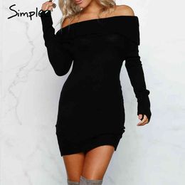 Winter off shoulder knitted bodycon Women long sleeve autumn sexy dress party short white dresses vestidos 210414