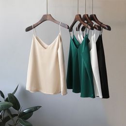 Casual V-Neck Sexy Solid Satin Woman Camis Tank Tops Render Chiffon SleevelCamisole Top Plus Size Halter Camis Tops X0507