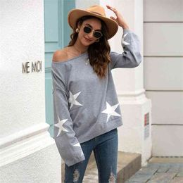 Korean Style Women Pullover Knitted Sweater Flare Sleeve Loose Causal Winter Clothes Five Pointed Star Print Mujer 210604