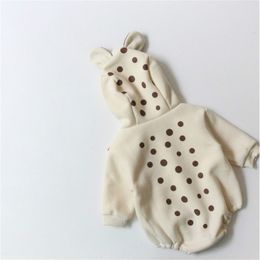 Autumn Winter infant kids fleece lining hooded rompers baby warm dot cute long sleeve jumpsuits 0-2Y 210508