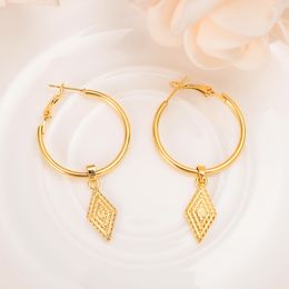 Big Hoops THAI EARRINGS Dangle & Chandelier RHOMBUS 18K Solid Fine BAHT Pure YELLOW GOLD dress Entertainment circle