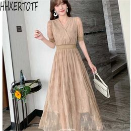 summer Fashion Elegant Women Short Sleeve Lace Hollow Out Vintage Dress Vestido 210531