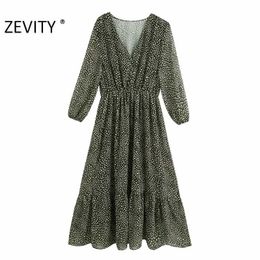 ZEVITY Women vintage v neck polka dots print casual chiffon midi Dress female three quarter sleeve Vestidos Chic Dresses DS4357 210603