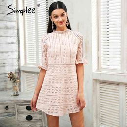 Simplee Elegant hollow out lace dress women Half sleeve summer style midi white dress Spring short casual dress vestidos 210331