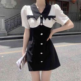 Vintage Fashion Hit Colour Sweet Puff Sleeve Peter Pan Collar Bowknot Slim Dress Elegant Single-breasted Party Vestidos 210519